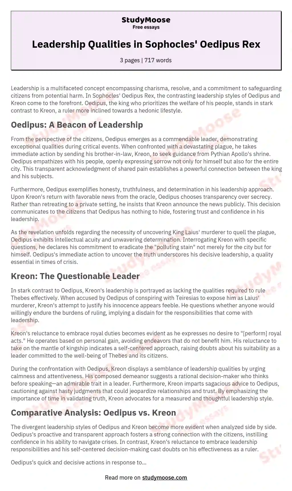 The Leadership Qualities of Oedipus and Kreon
