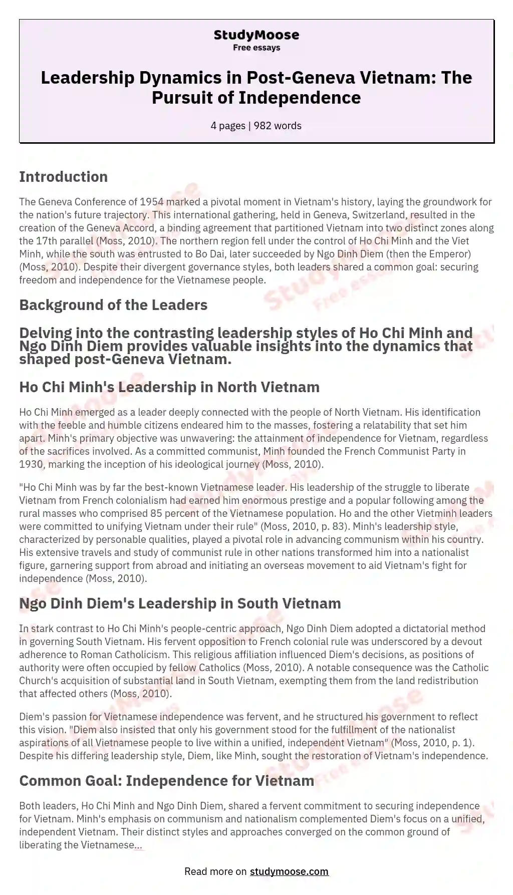 Leadership Dynamics in Post-Geneva Vietnam: The Pursuit of Independence essay