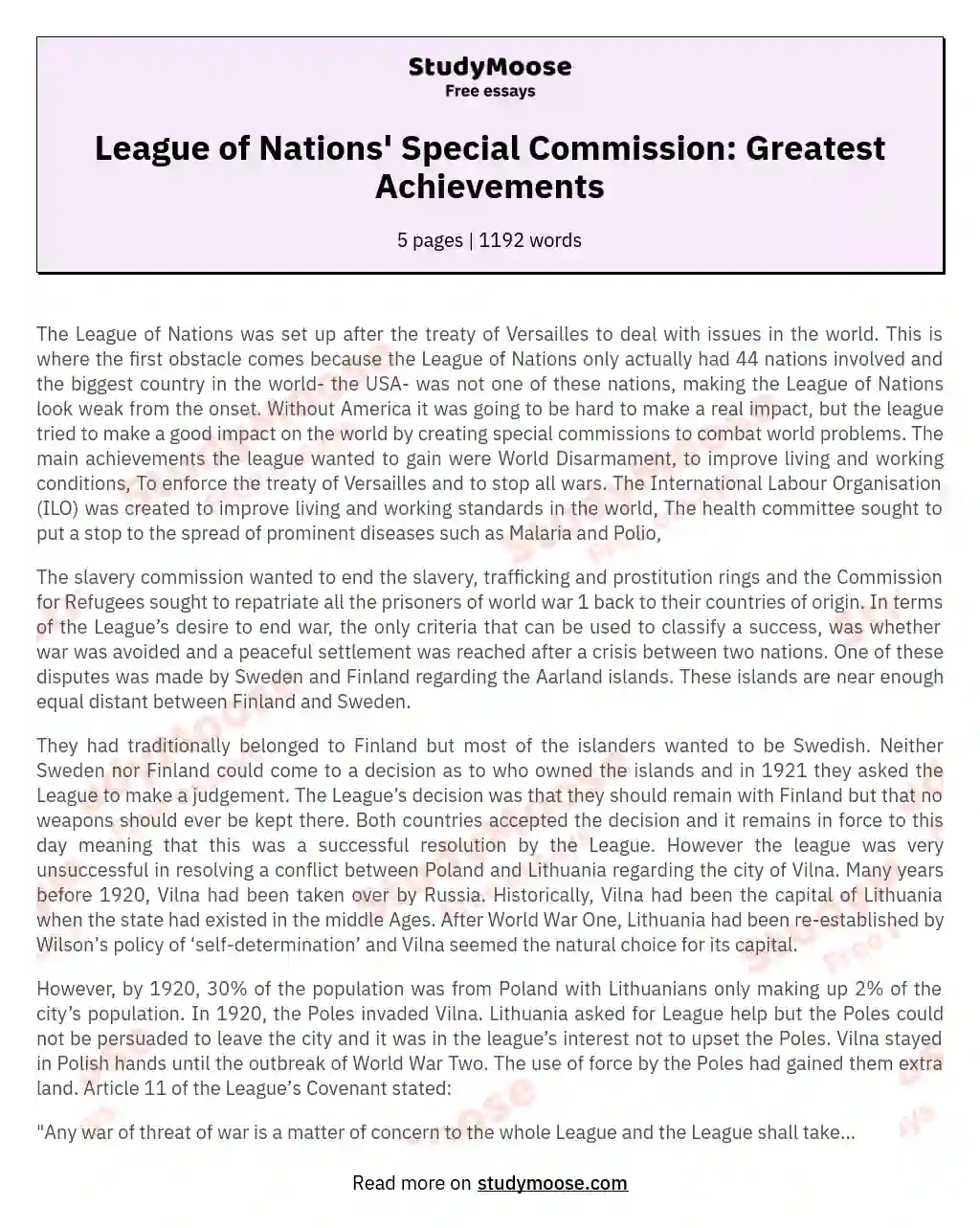 The League of Nations Had Its Greatest Successes in the Work of the Special Commission