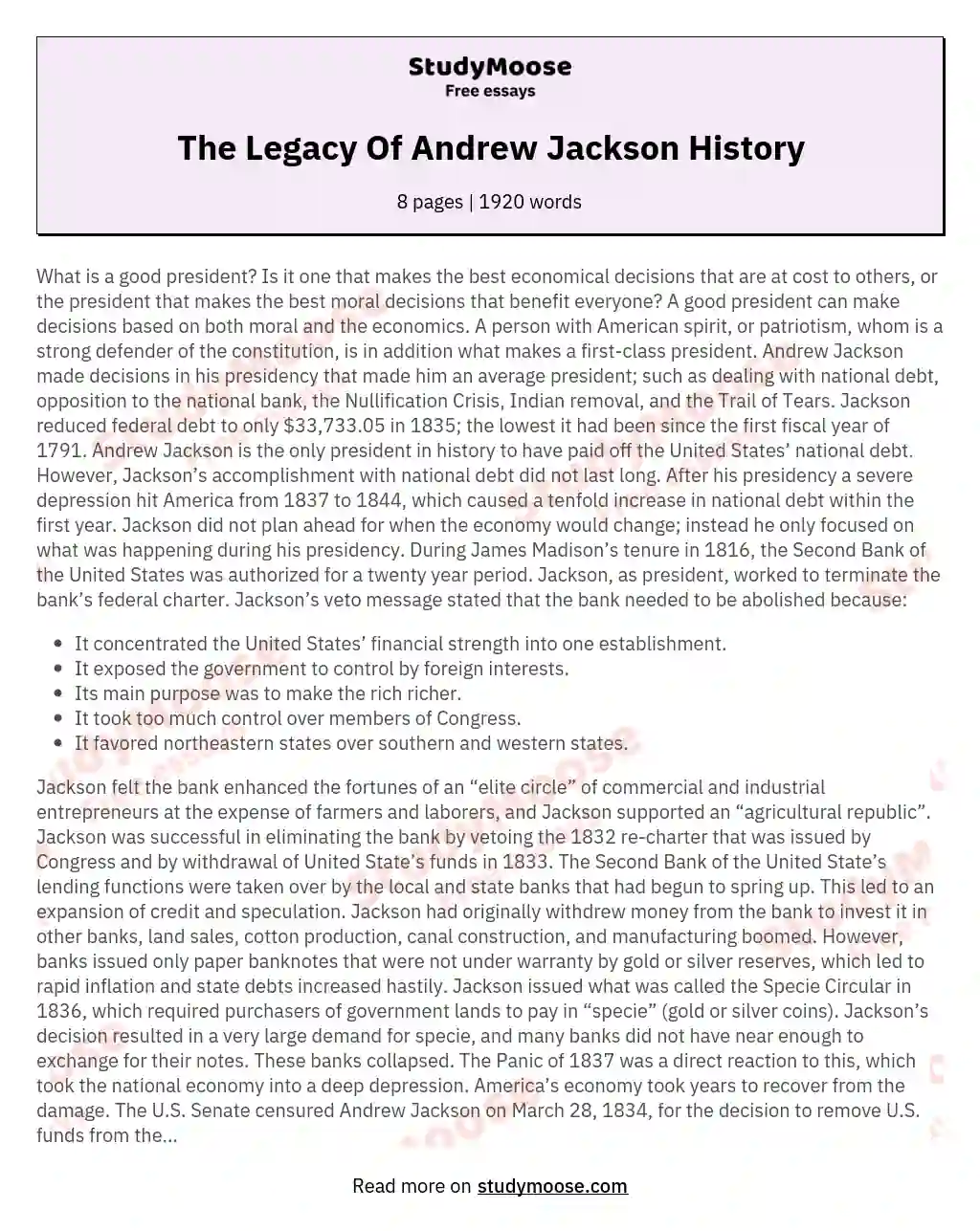 The Legacy Of Andrew Jackson History essay