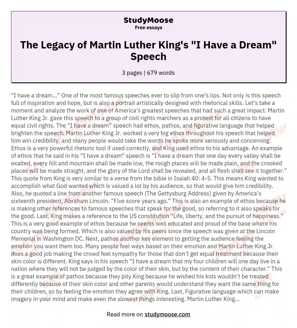 The Legacy of Martin Luther King's "I Have a Dream" Speech essay