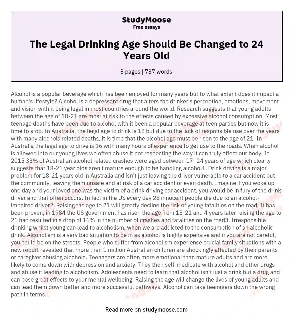The Legal Drinking Age Should Be Changed to 24 Years Old essay