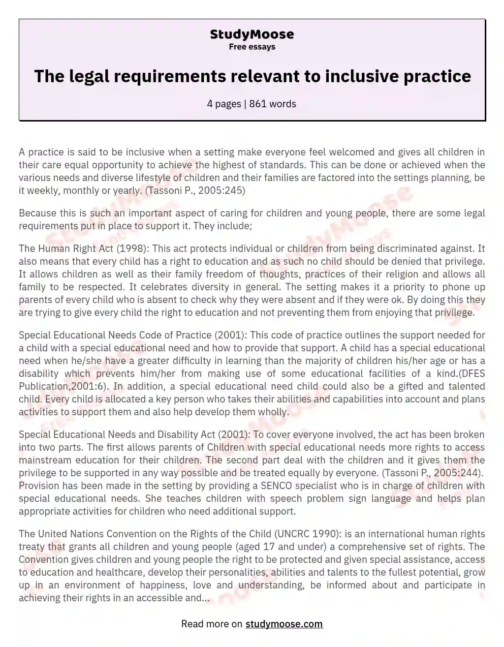 The legal requirements relevant to inclusive practice essay