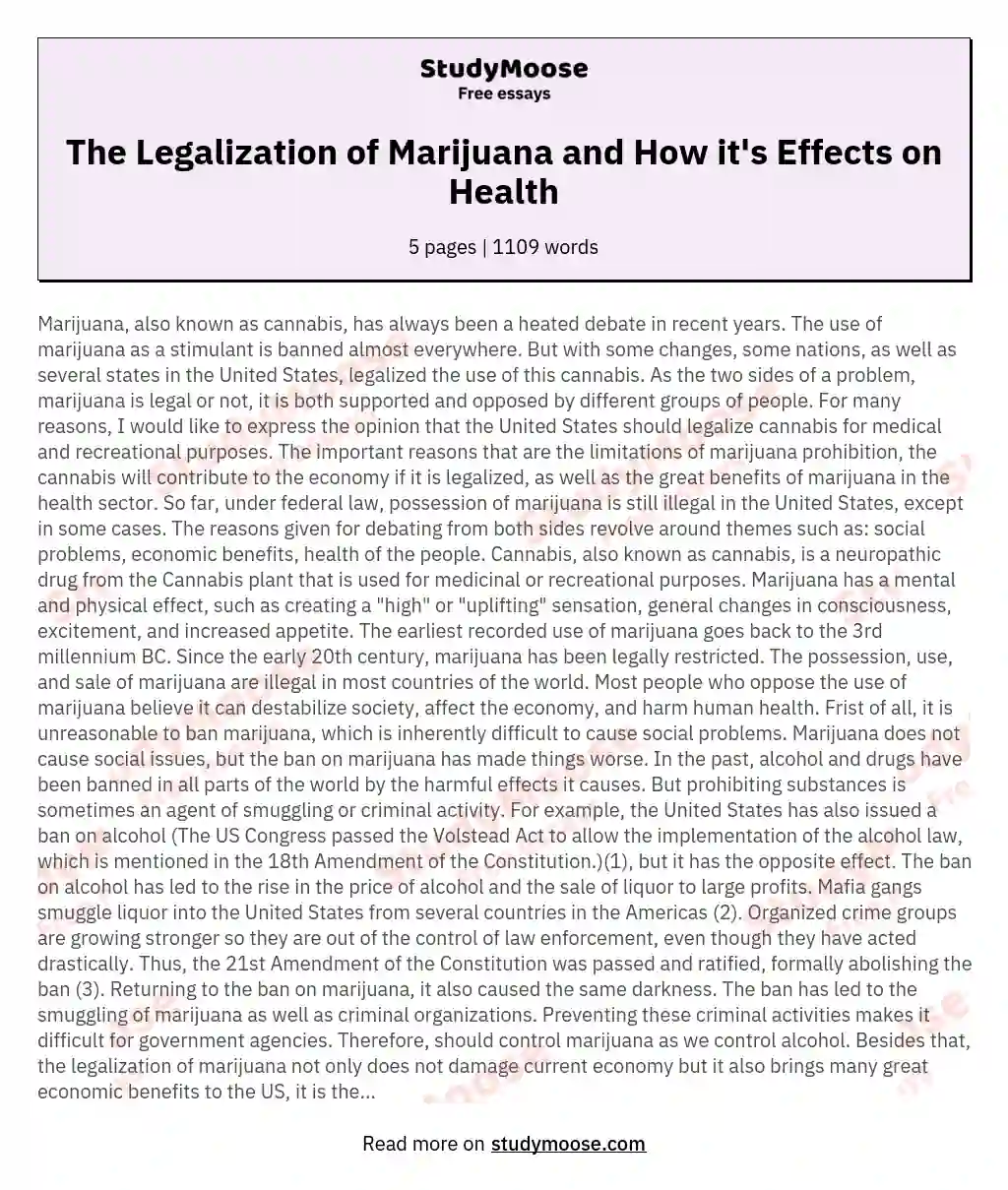 The Legalization of Marijuana and How it's Effects on Health essay
