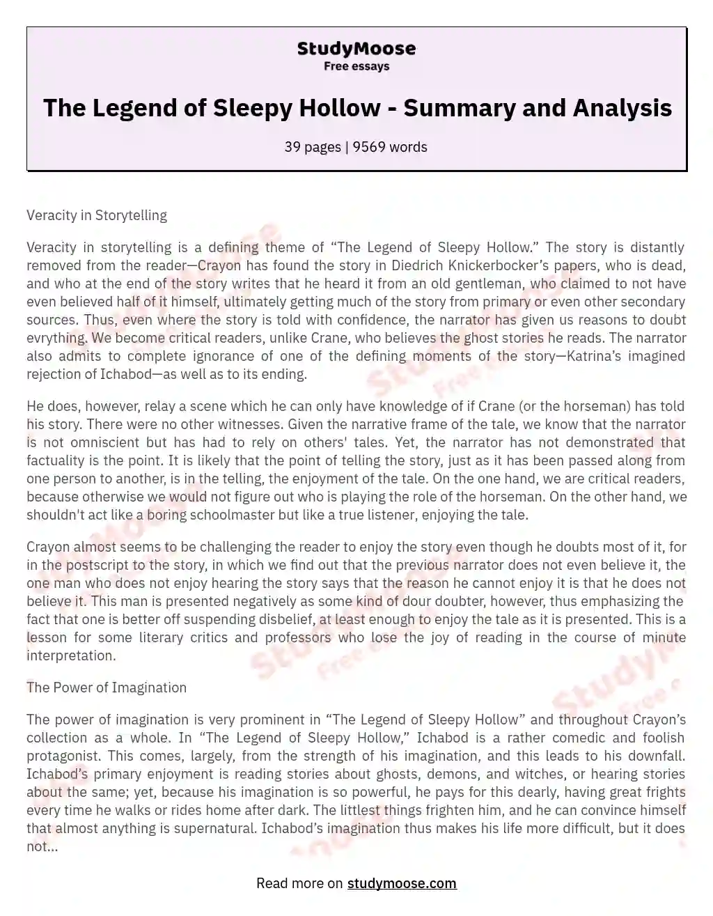 The Legend of Sleepy Hollow - Summary and Analysis essay