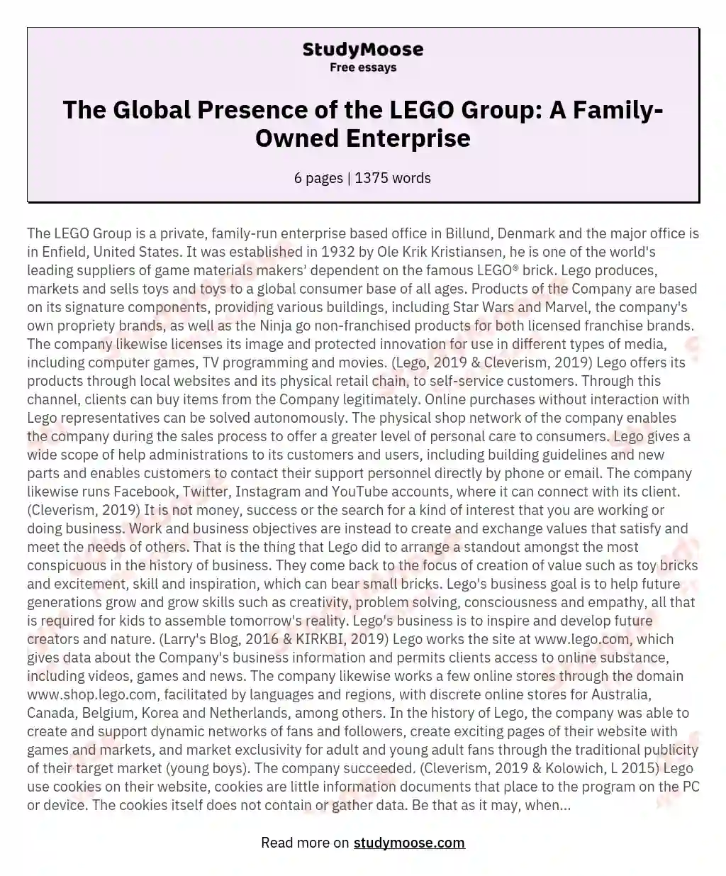 The Global Presence of the LEGO Group: A Family-Owned Enterprise essay