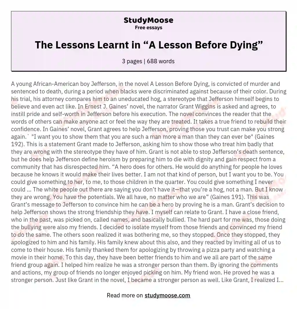 The Lessons Learnt in “A Lesson Before Dying”
