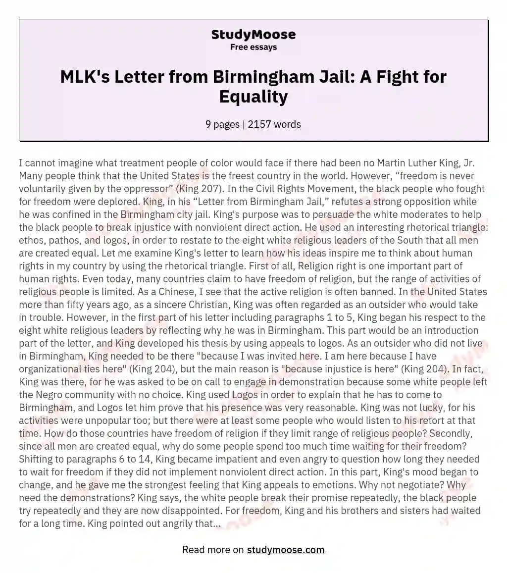 The Letter From Birmingham Jail by Martin Luther King as an Expression of the Fight for the Equality of Man
