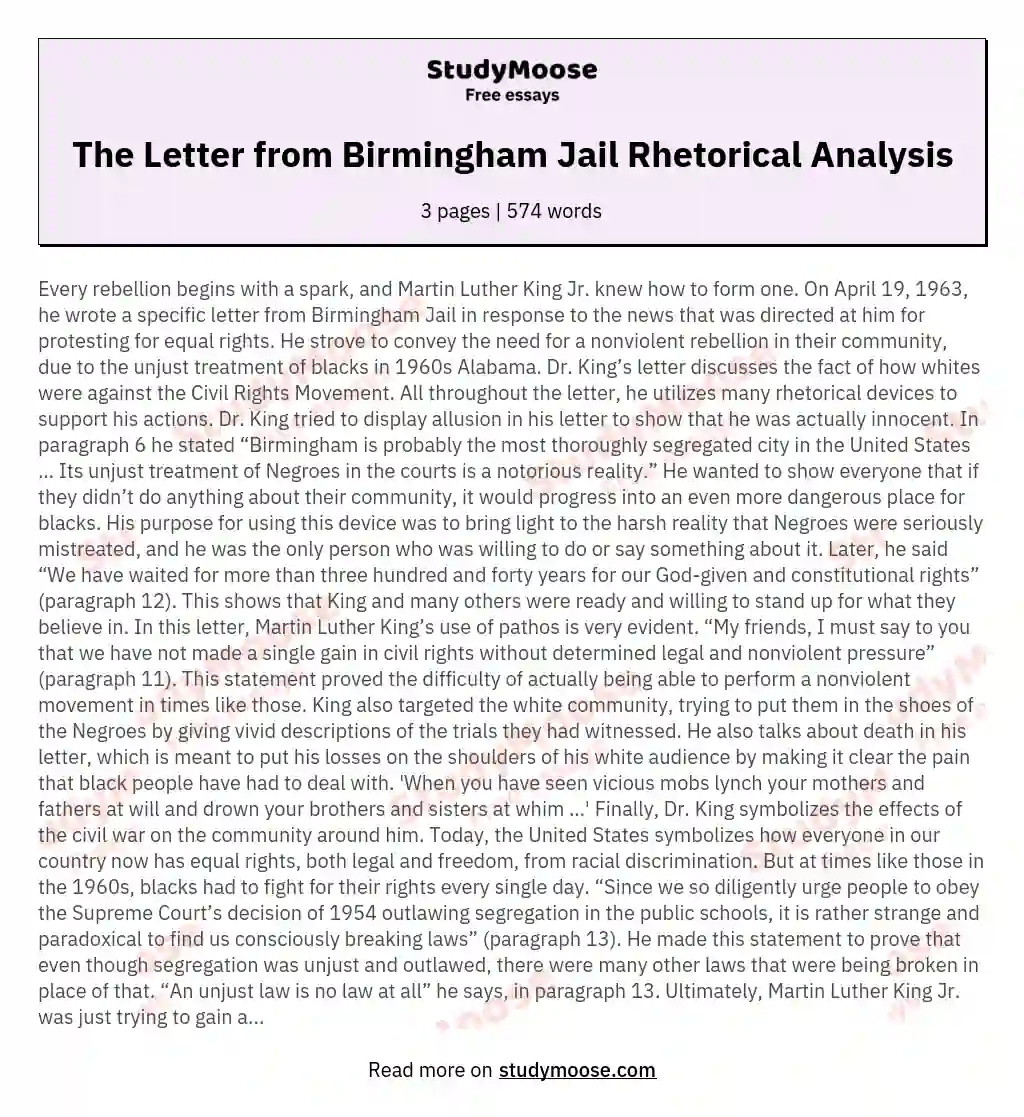 letter from birmingham jail rhetorical analysis essay