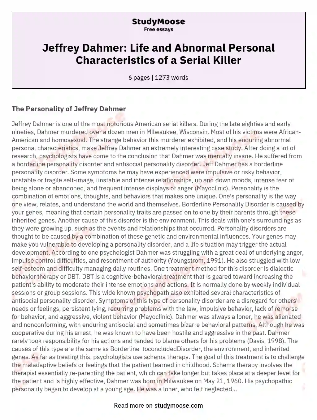 Jeffrey Dahmer: Life and Abnormal Personal Characteristics of a Serial Killer essay