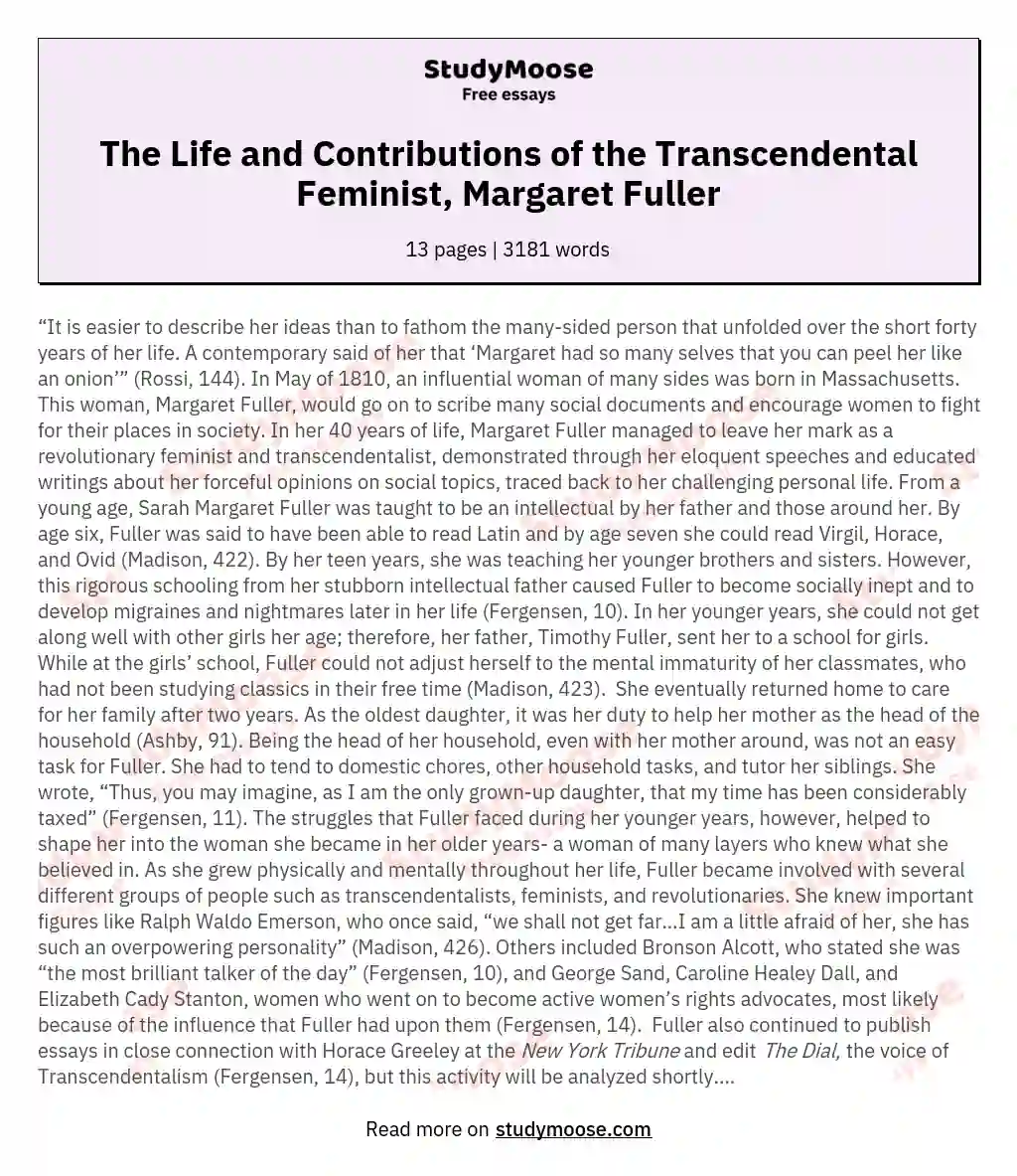 The Life and Contributions of the Transcendental Feminist, Margaret Fuller essay
