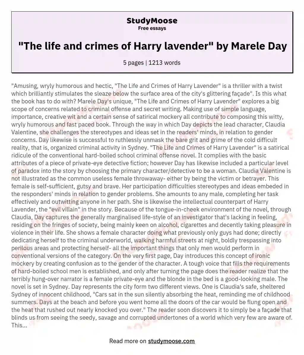 "The life and crimes of Harry lavender" by Marele Day essay