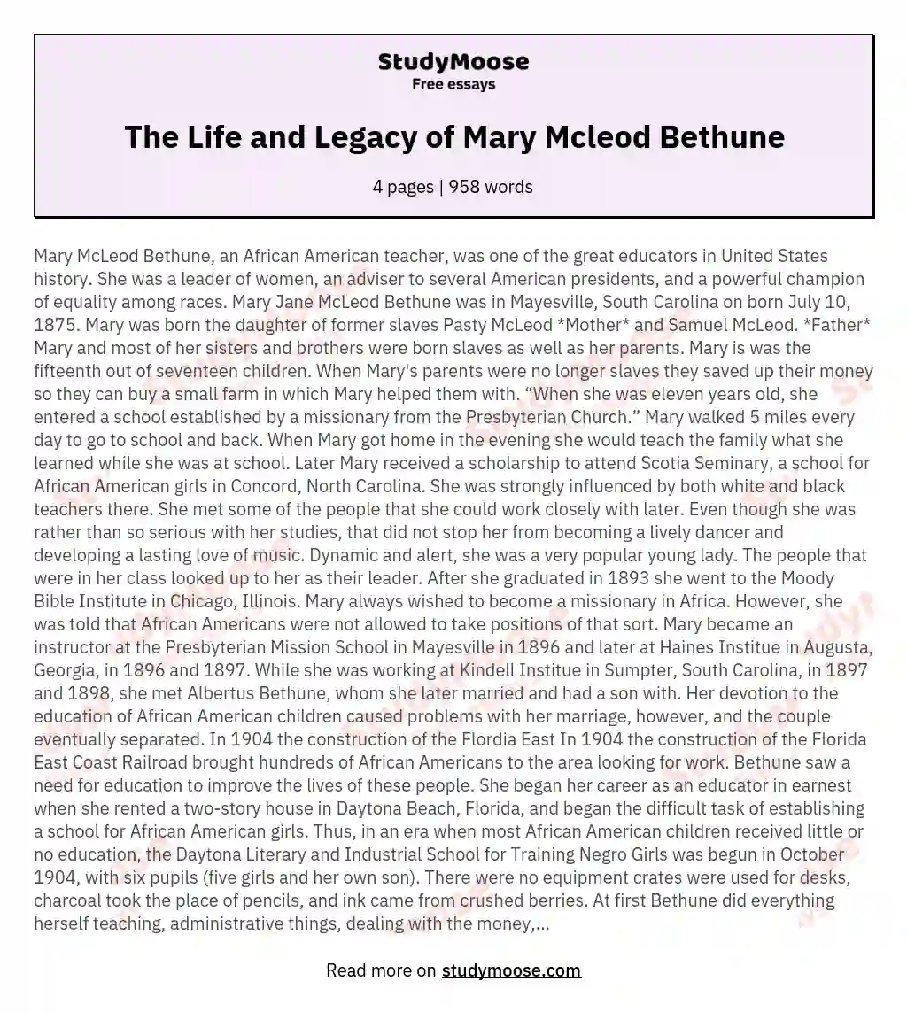 The Life and Legacy of Mary Mcleod Bethune