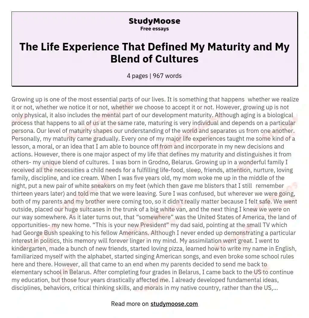 The Life Experience That Defined My Maturity and My Blend of Cultures essay