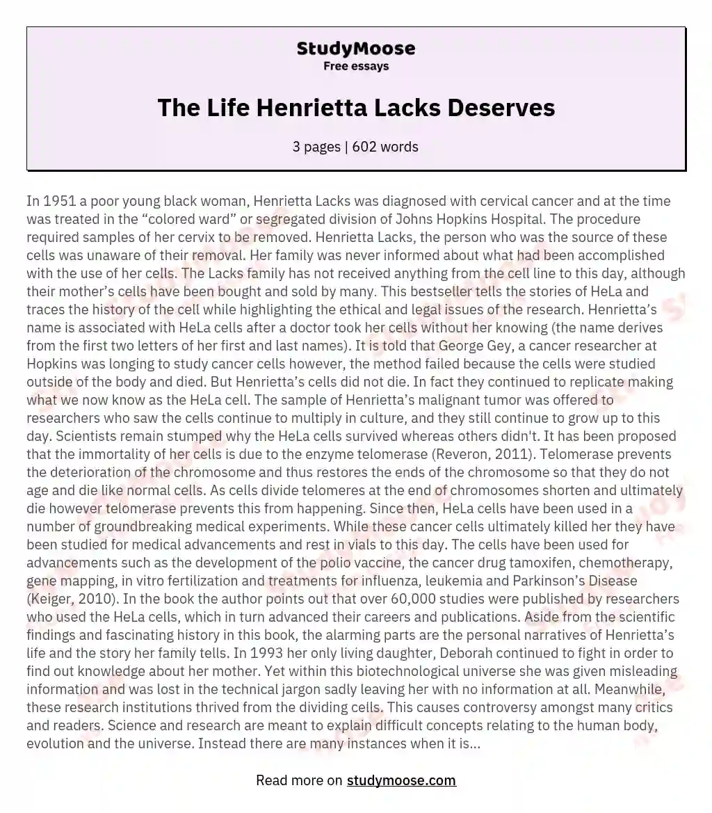 The Life Henrietta Lacks Deserves essay