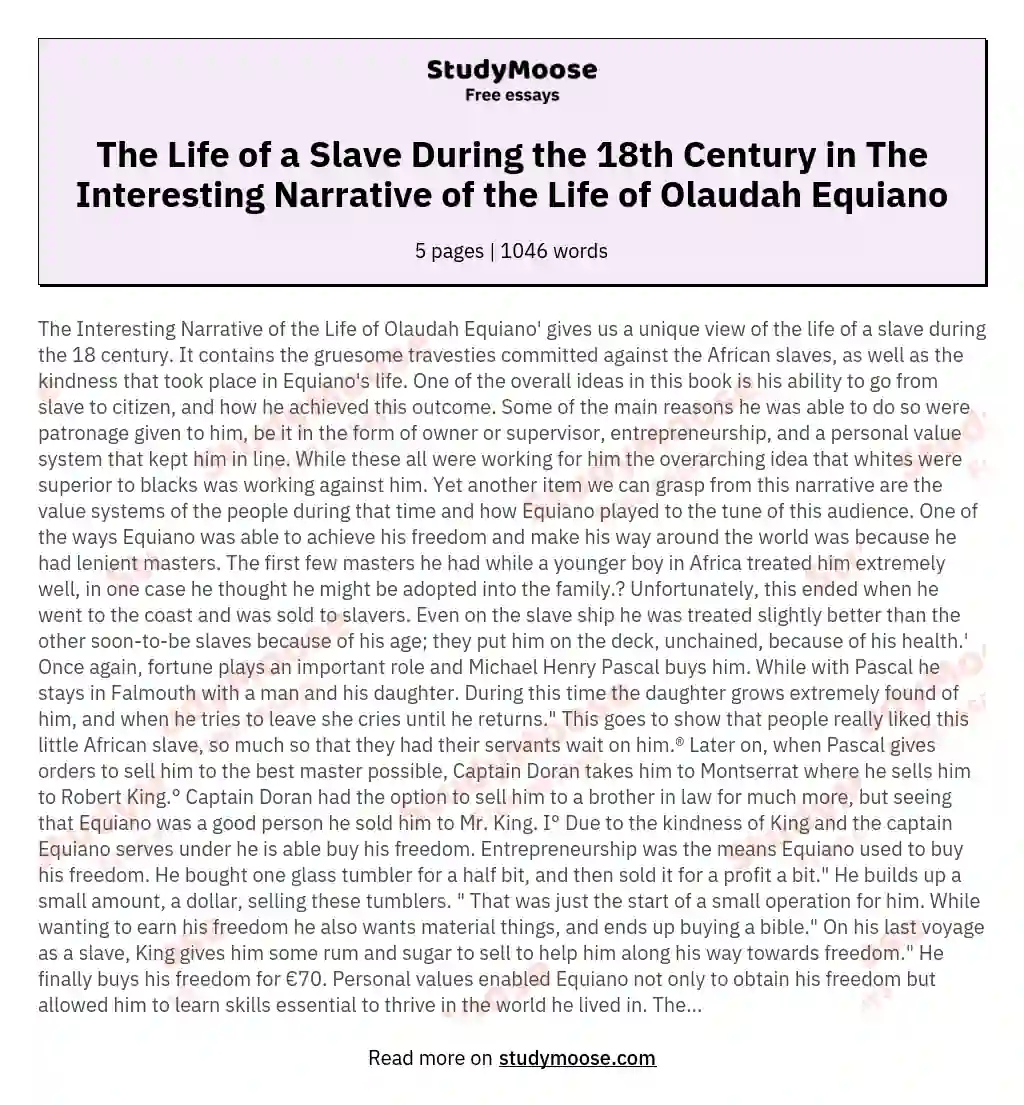 The Life of a Slave During the 18th Century in The Interesting Narrative of the Life of Olaudah Equiano essay