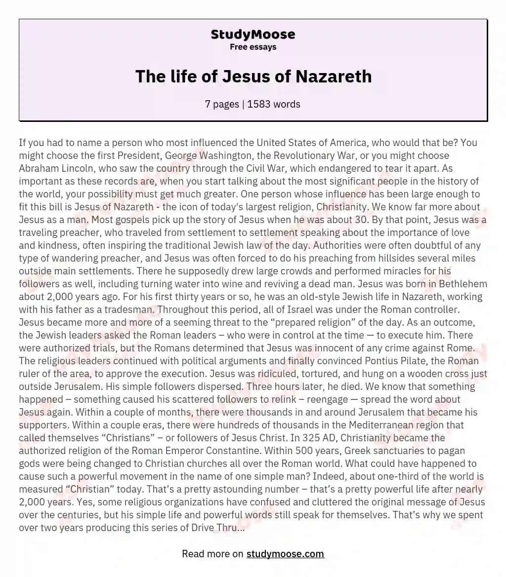 The life of Jesus of Nazareth essay