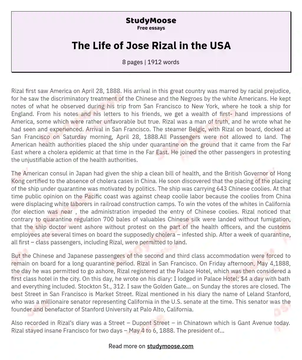 The Life of Jose Rizal in the USA essay
