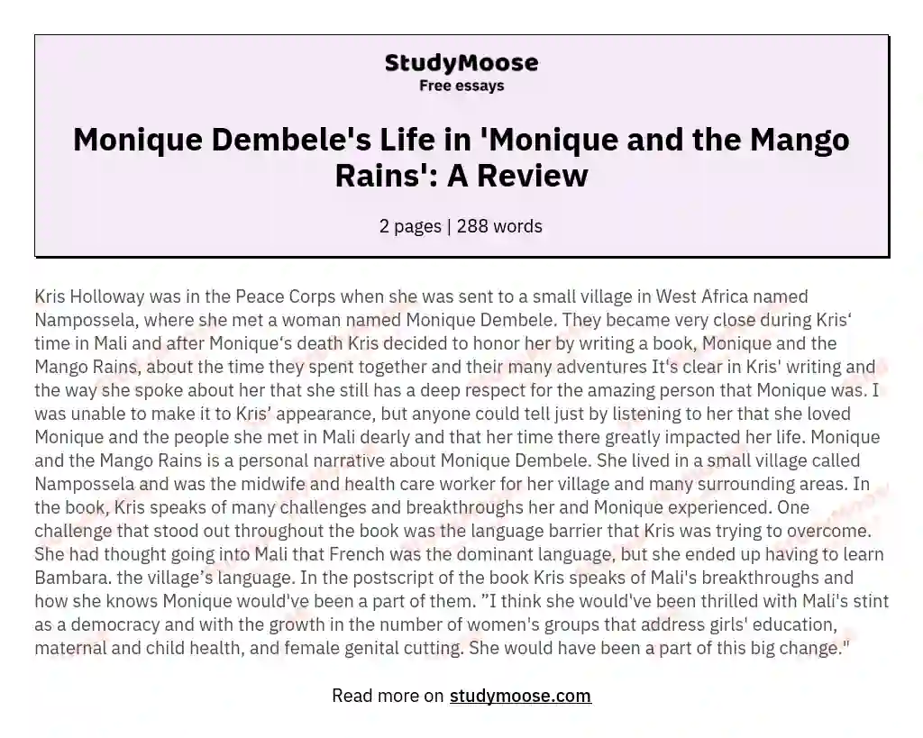 Monique Dembele's Life in 'Monique and the Mango Rains': A Review essay
