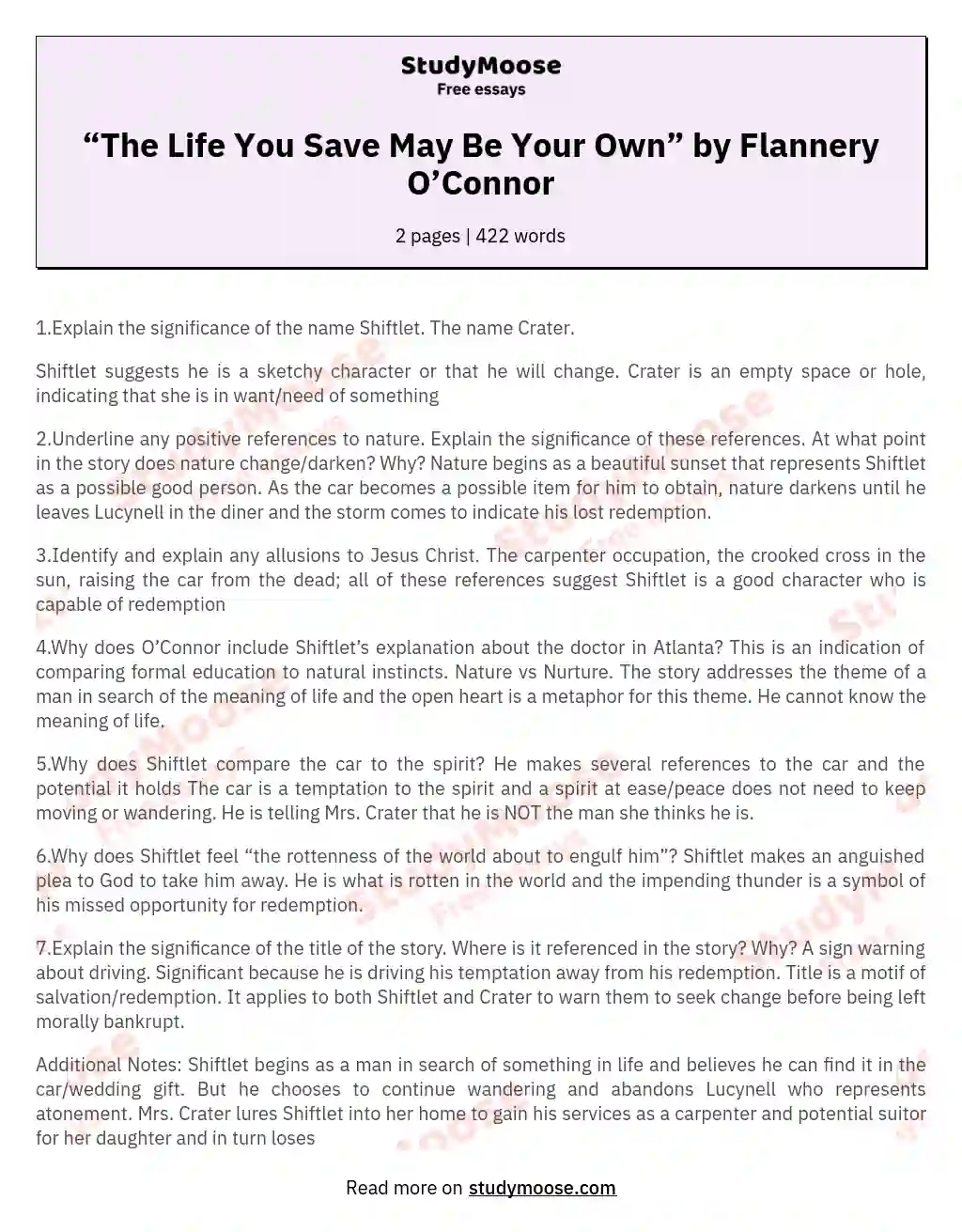 “The Life You Save May Be Your Own” by Flannery O’Connor essay