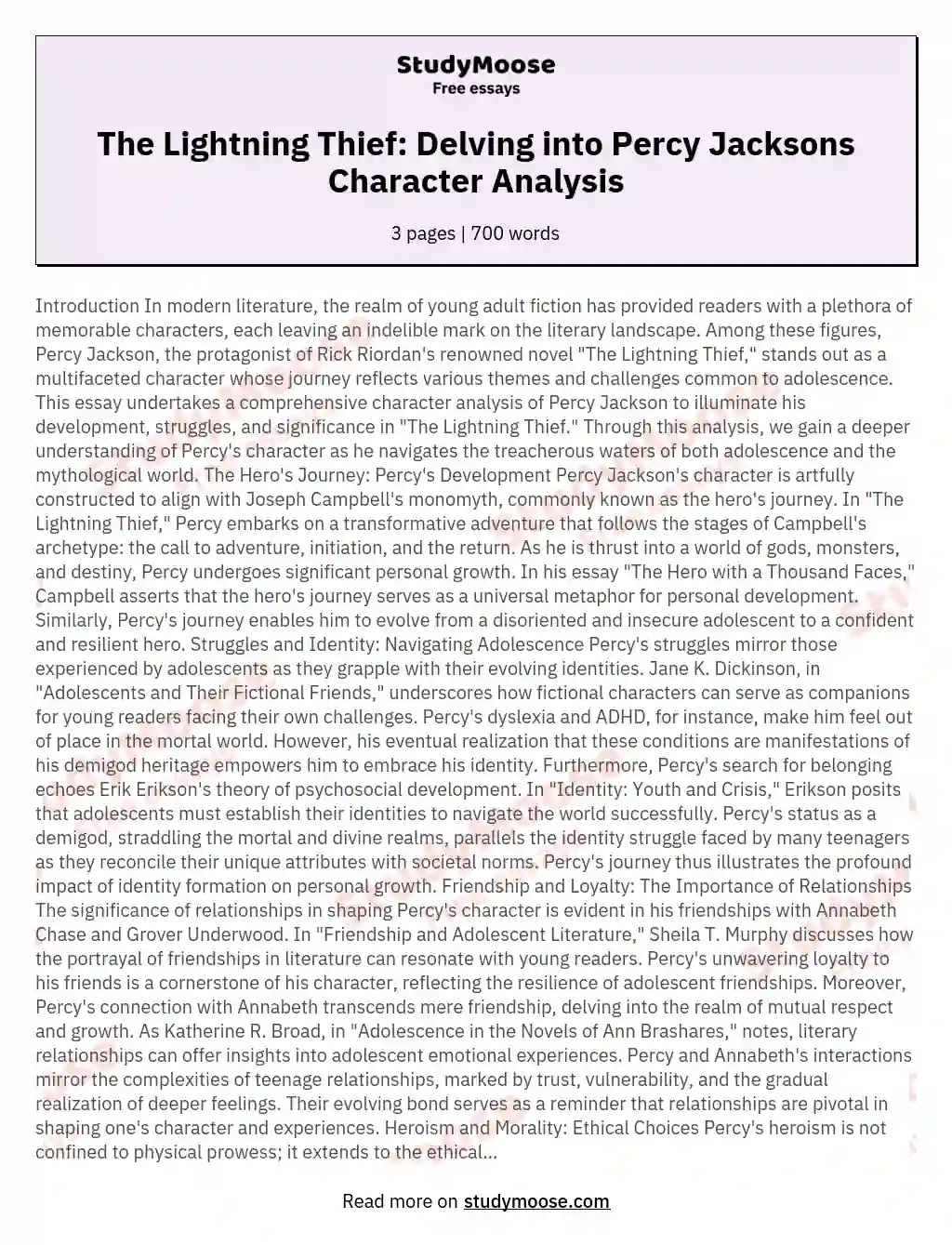 The Lightning Thief: Delving into Percy Jacksons Character Analysis essay