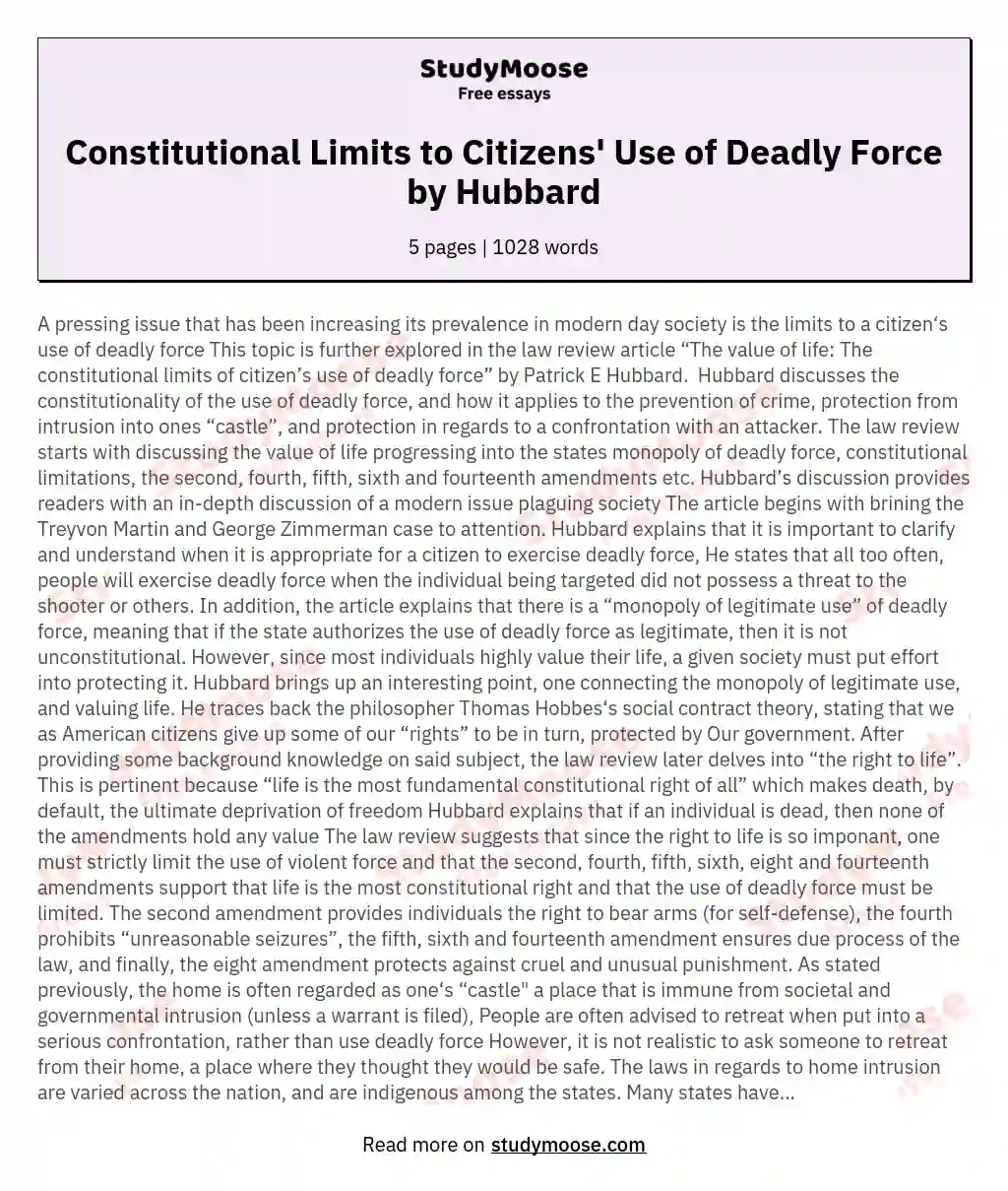 Constitutional Limits to Citizens' Use of Deadly Force by Hubbard essay