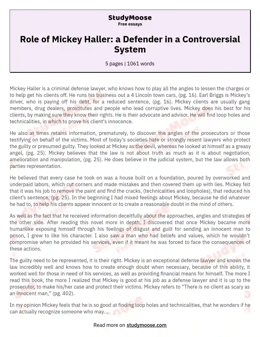 Role of Mickey Haller: a Defender in a Controversial System essay