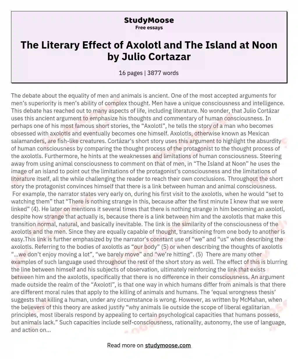 The Literary Effect of Axolotl and The Island at Noon by Julio Cortazar
