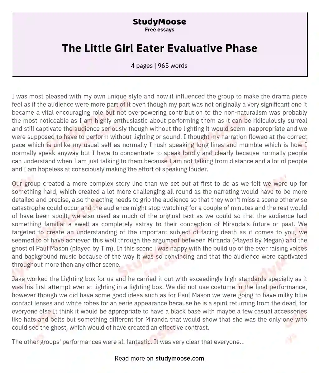 The Little Girl Eater Evaluative Phase essay