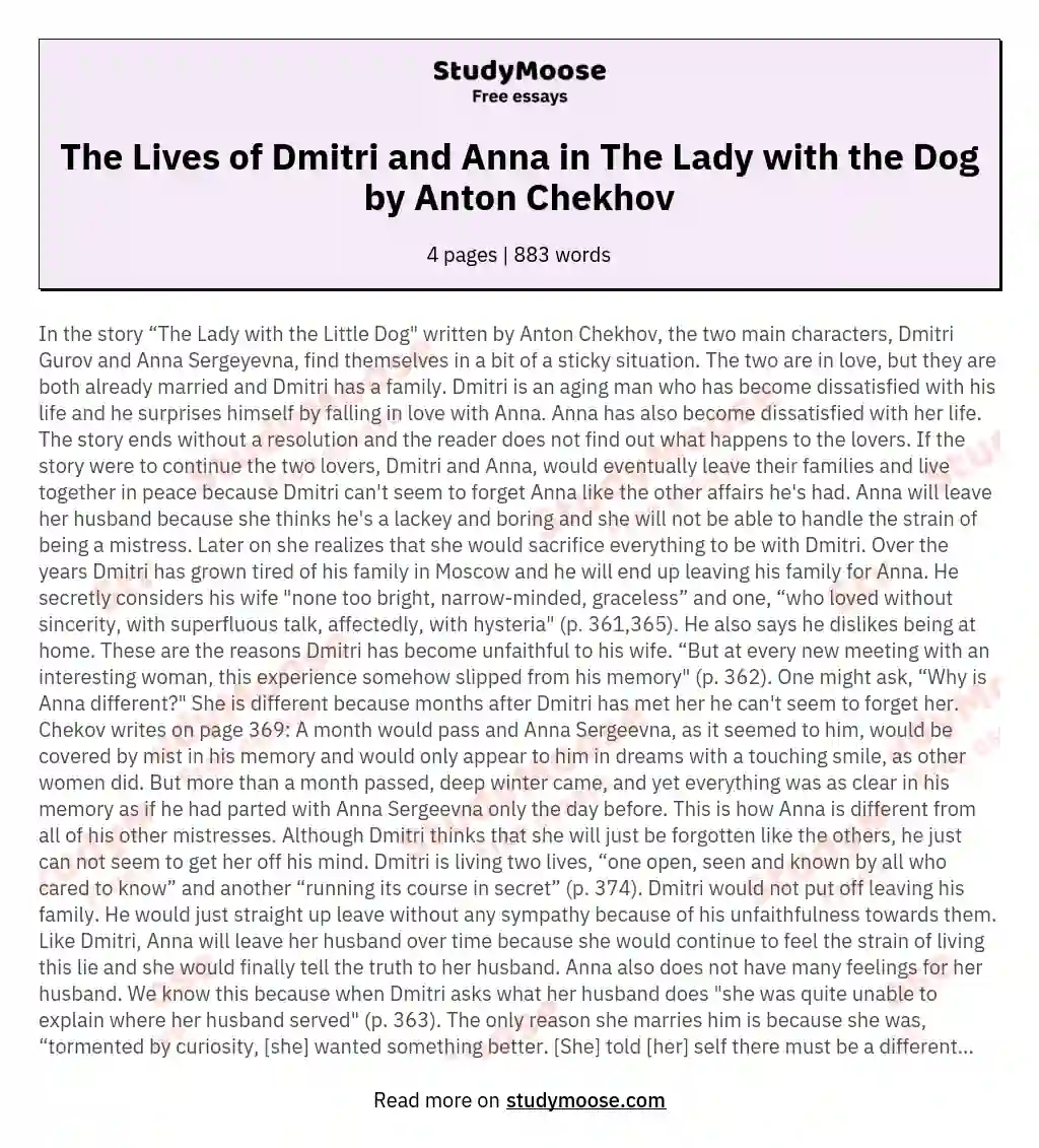 The Lives of Dmitri and Anna in The Lady with the Dog by Anton Chekhov essay