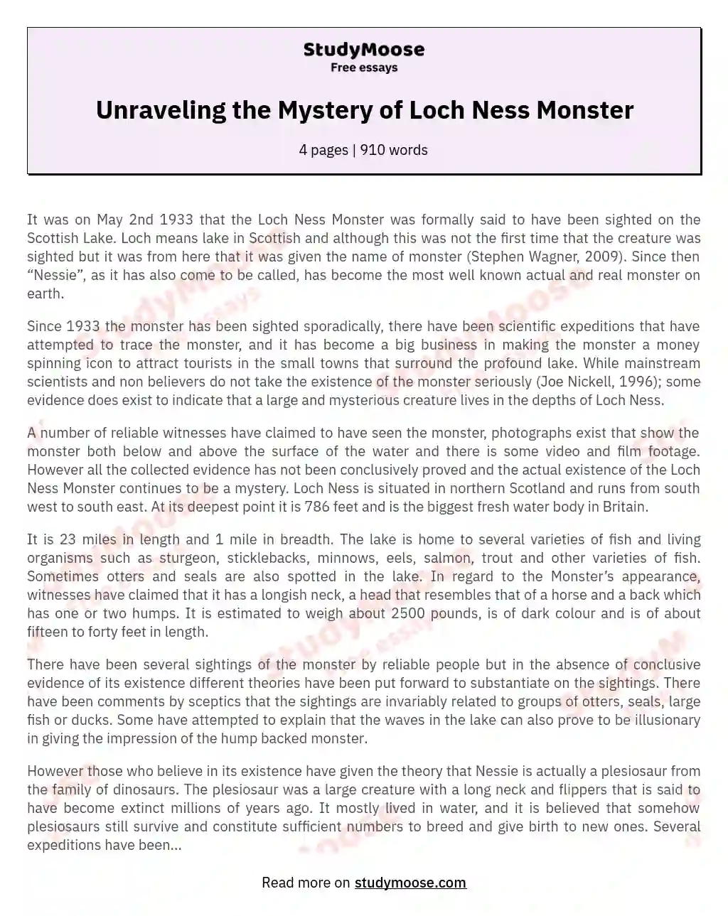 Unraveling the Mystery of Loch Ness Monster essay