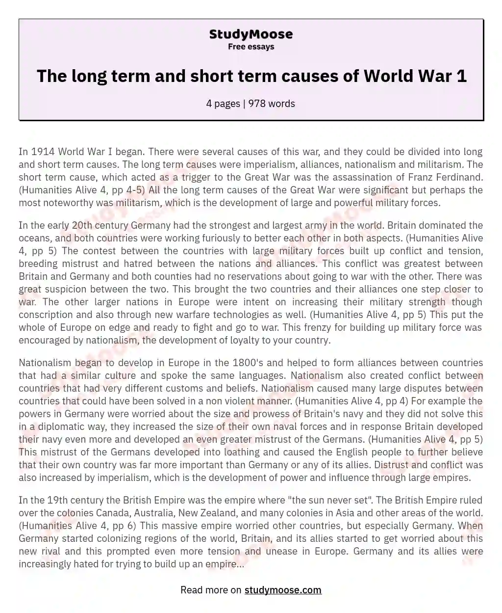 The long term and short term causes of World War 1 essay