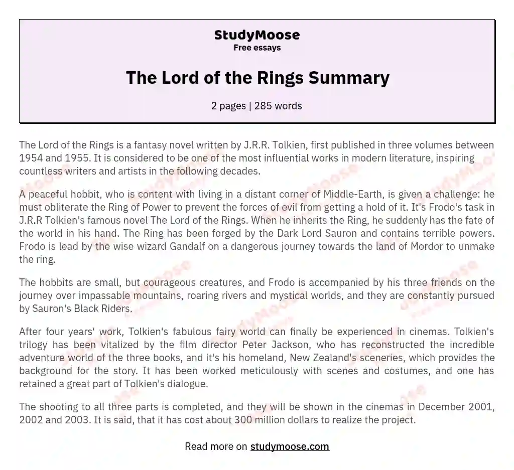The Lord of the Rings Summary essay