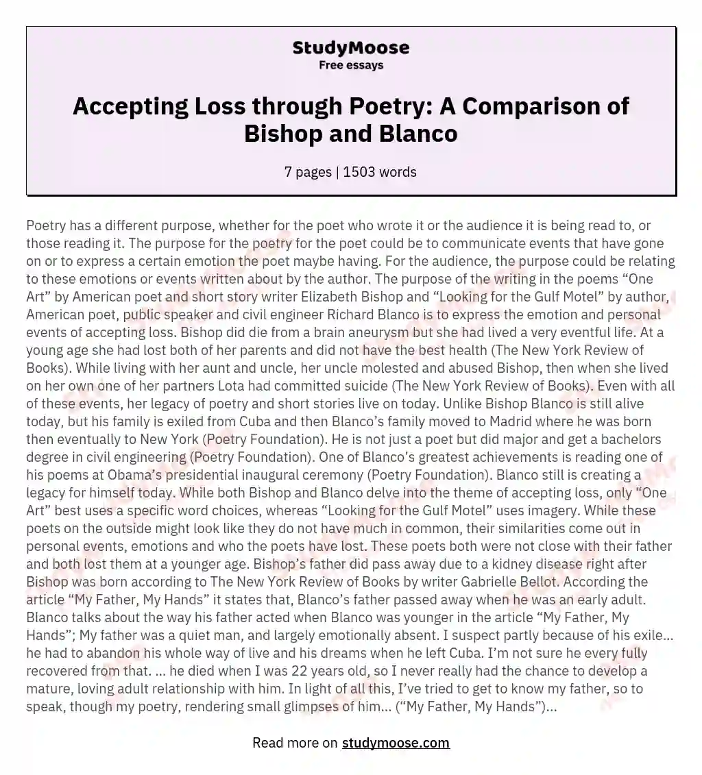 Accepting Loss through Poetry: A Comparison of Bishop and Blanco essay