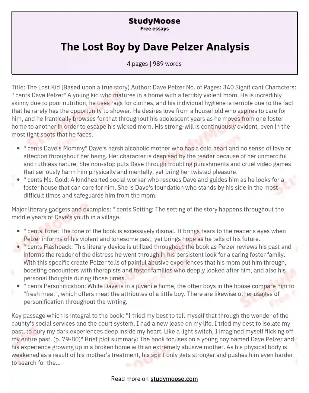 The Lost Boy by Dave Pelzer Analysis essay