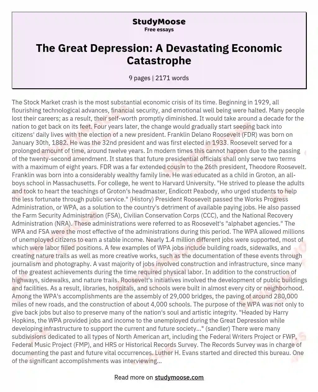 The Great Depression: A Devastating Economic Catastrophe essay
