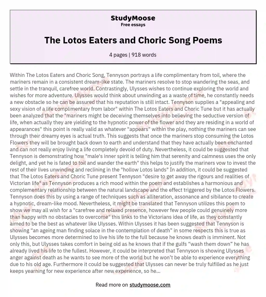 The Lotos Eaters and Choric Song Poems essay