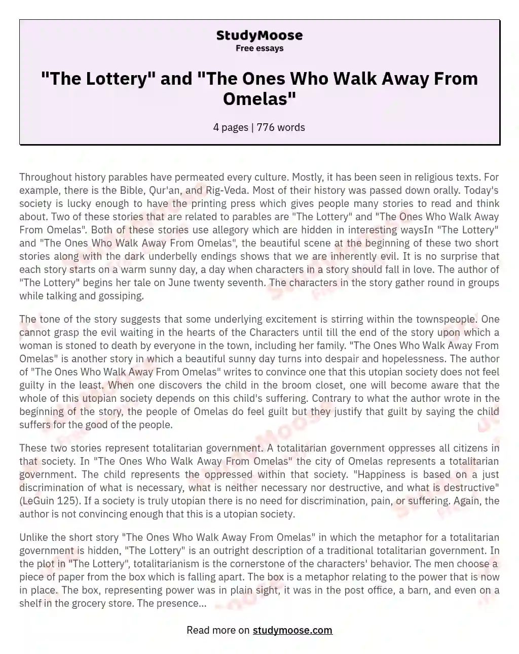 Exploring Dark Truths: Allegory and Symbolism in "The Lottery" and "The Ones essay