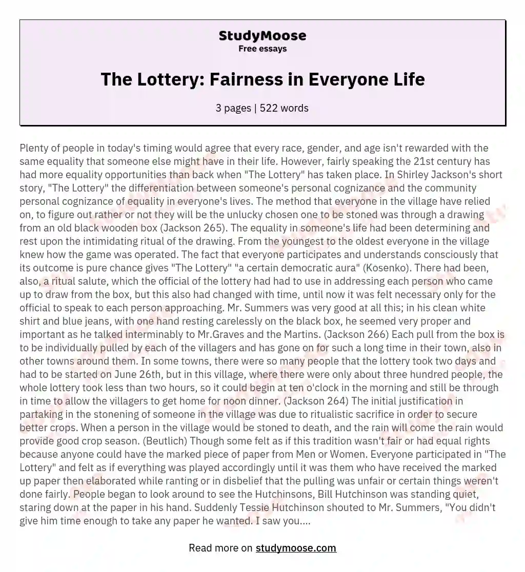 The Lottery: Fairness in Everyone Life