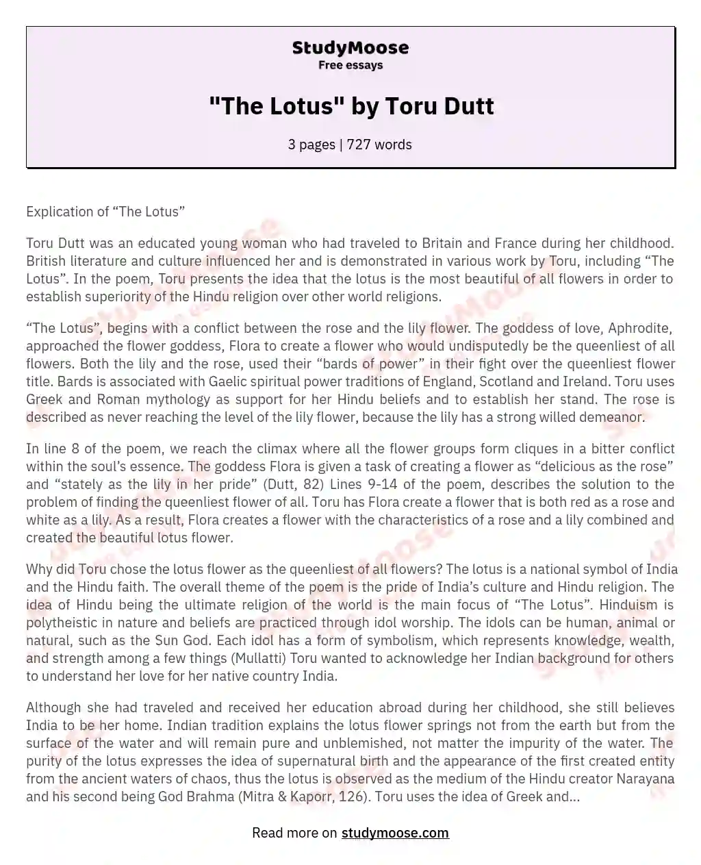 "The Lotus" by Toru Dutt essay