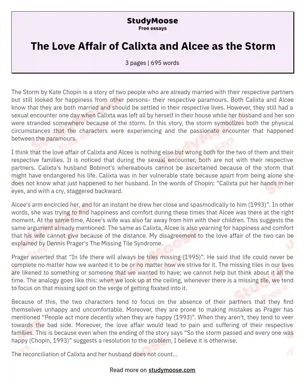 The Love Affair of Calixta and Alcee as the Storm essay