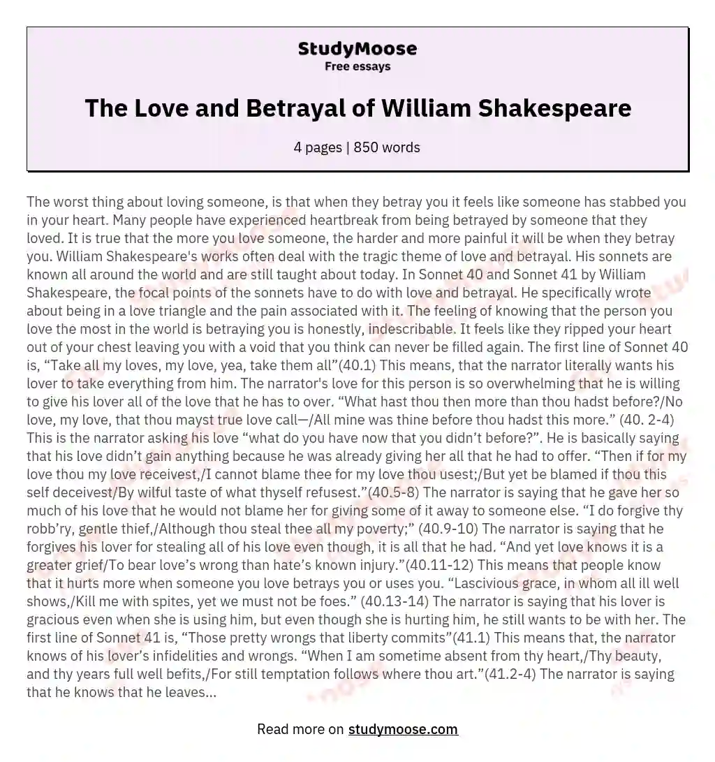 The Love and Betrayal of William Shakespeare essay