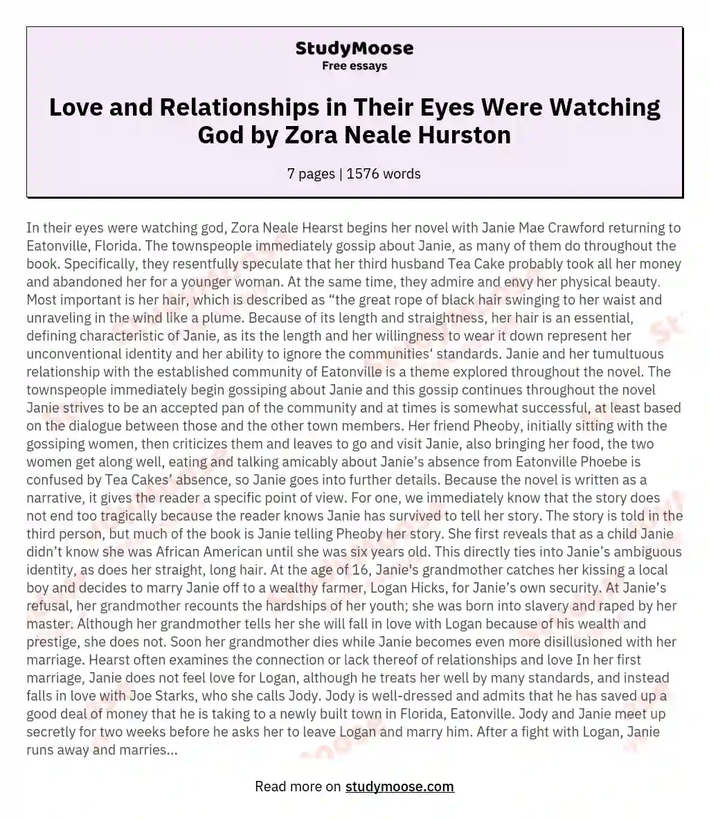 Love and Relationships in Their Eyes Were Watching God by Zora Neale Hurston essay
