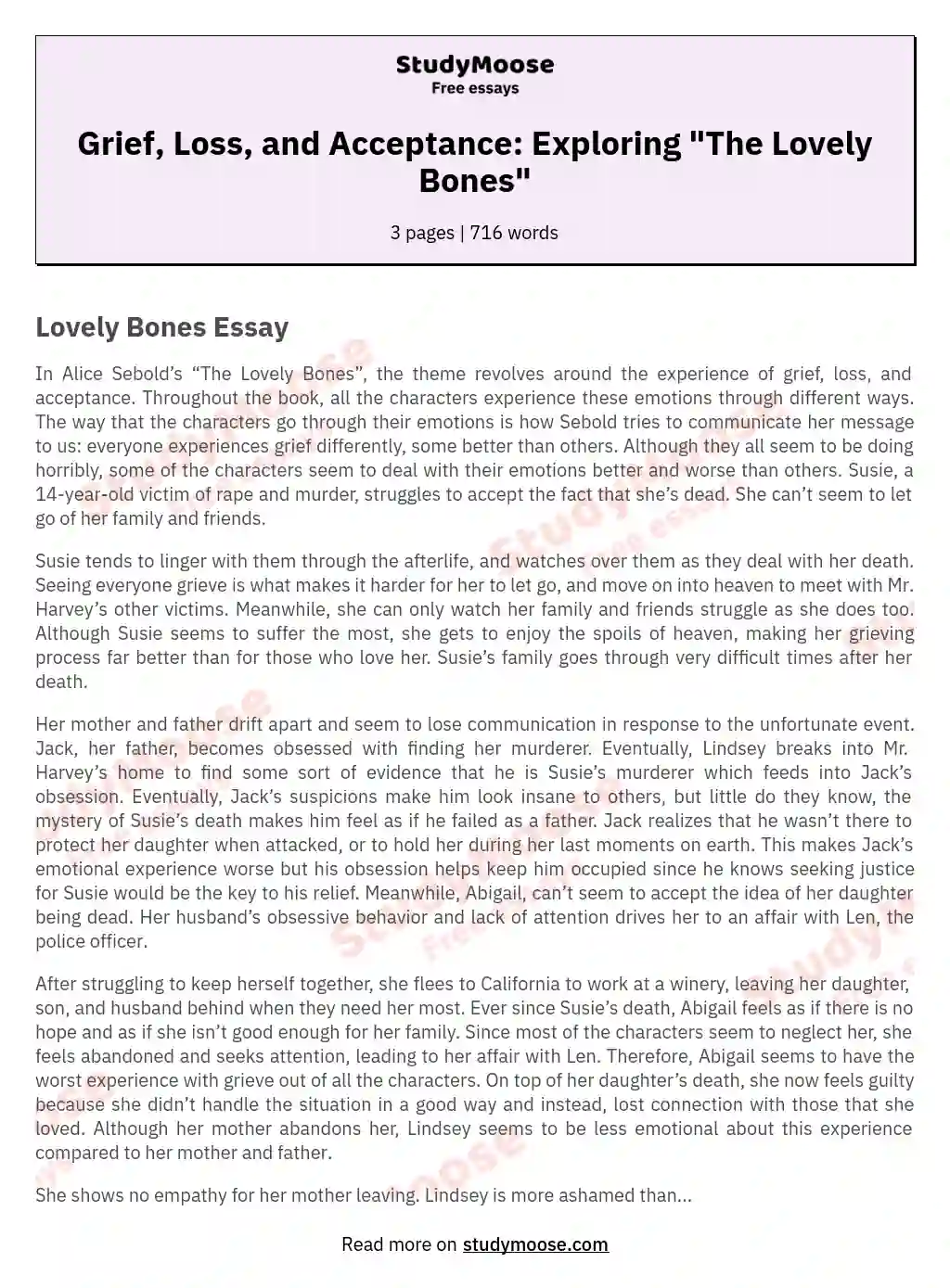 Grief, Loss, and Acceptance: Exploring "The Lovely Bones" essay