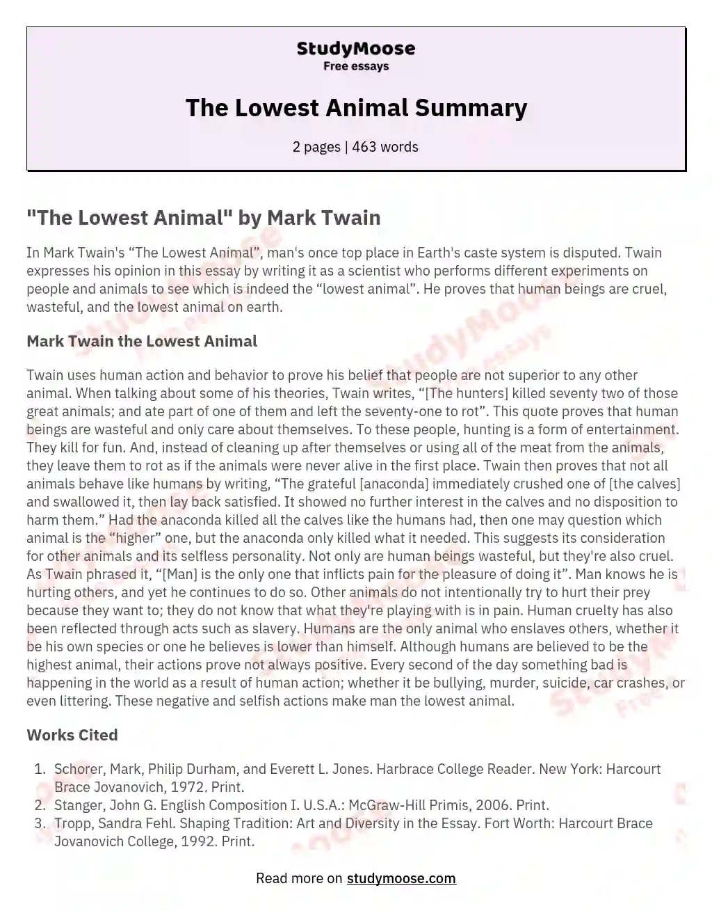 "The Lowest Animal: Challenging Human Superiority" essay