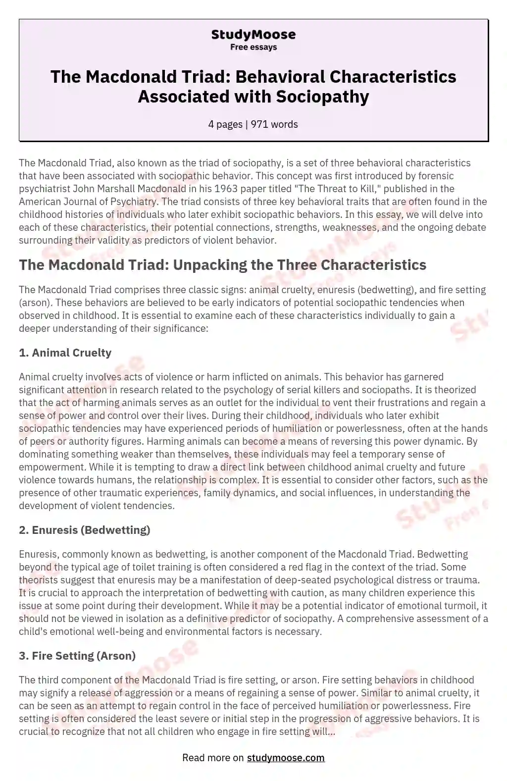 The Macdonald Triad: Behavioral Characteristics Associated with Sociopathy essay