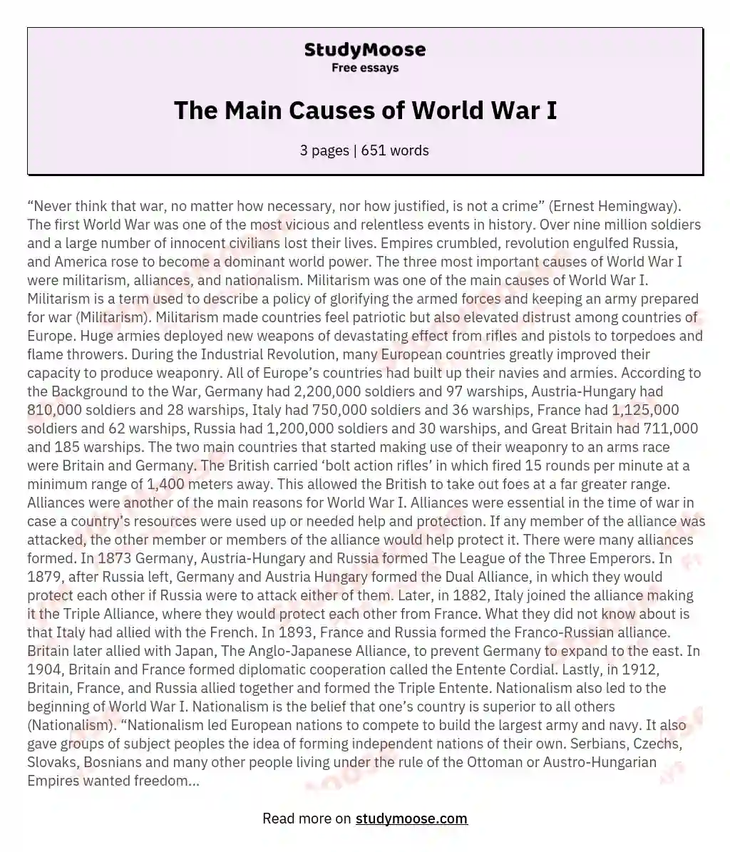 The Main Causes of World War I essay