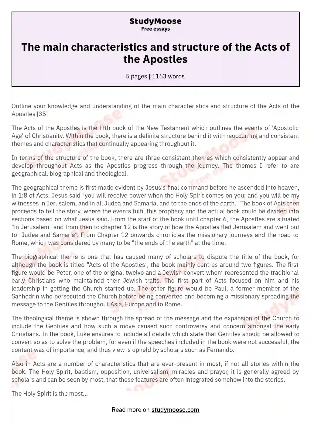 The main characteristics and structure of the Acts of the Apostles essay