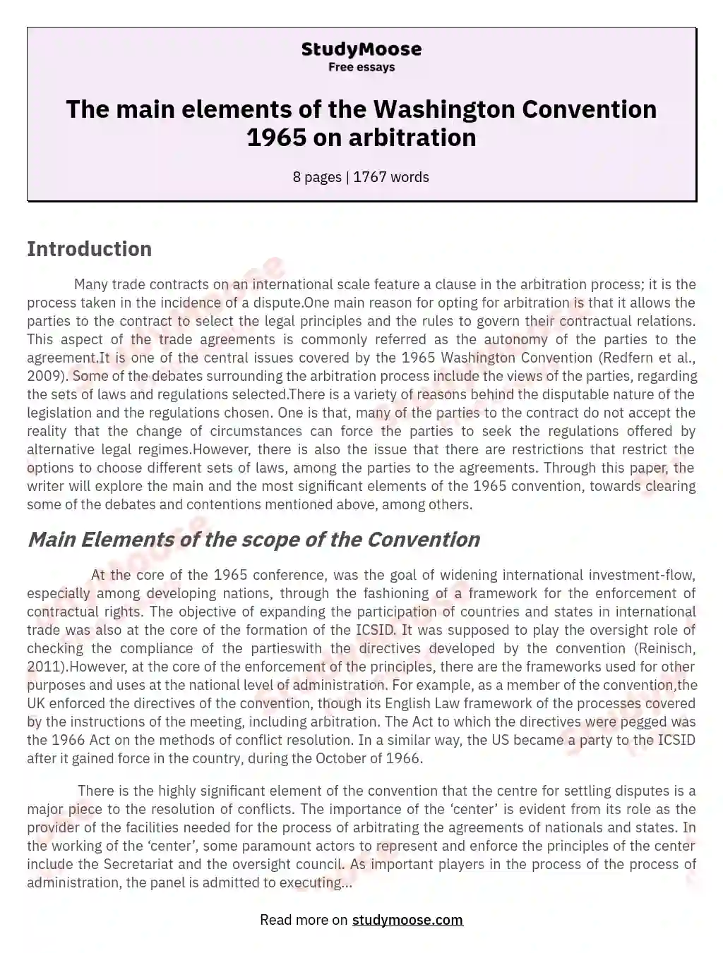 The main elements of the Washington Convention 1965 on arbitration essay