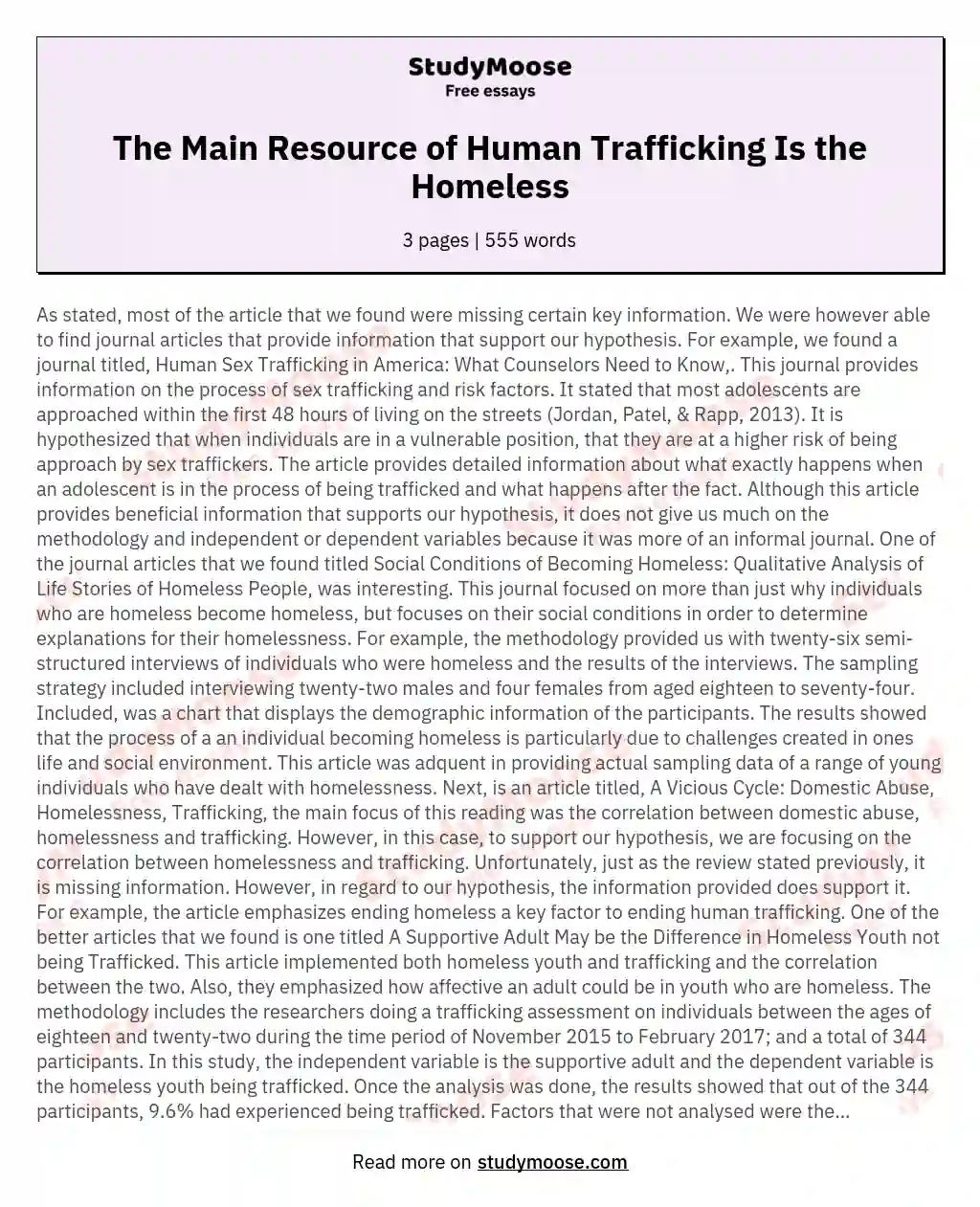 The Main Resource of Human Trafficking Is the Homeless essay